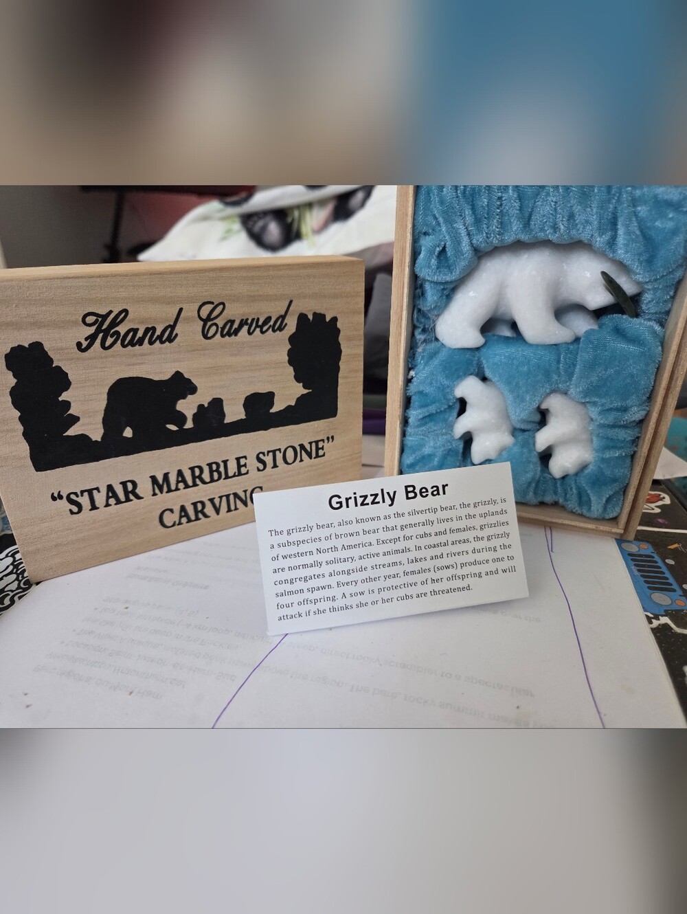 Hand Carved White Marble Bear Family Figurines